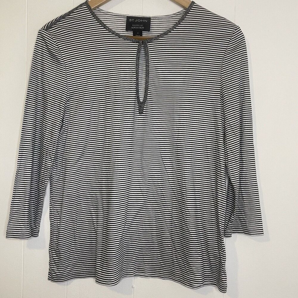 St. JOHN Striped Top Black/White Keyhole Neck Modal Casual Long Sleeve Sz Small
